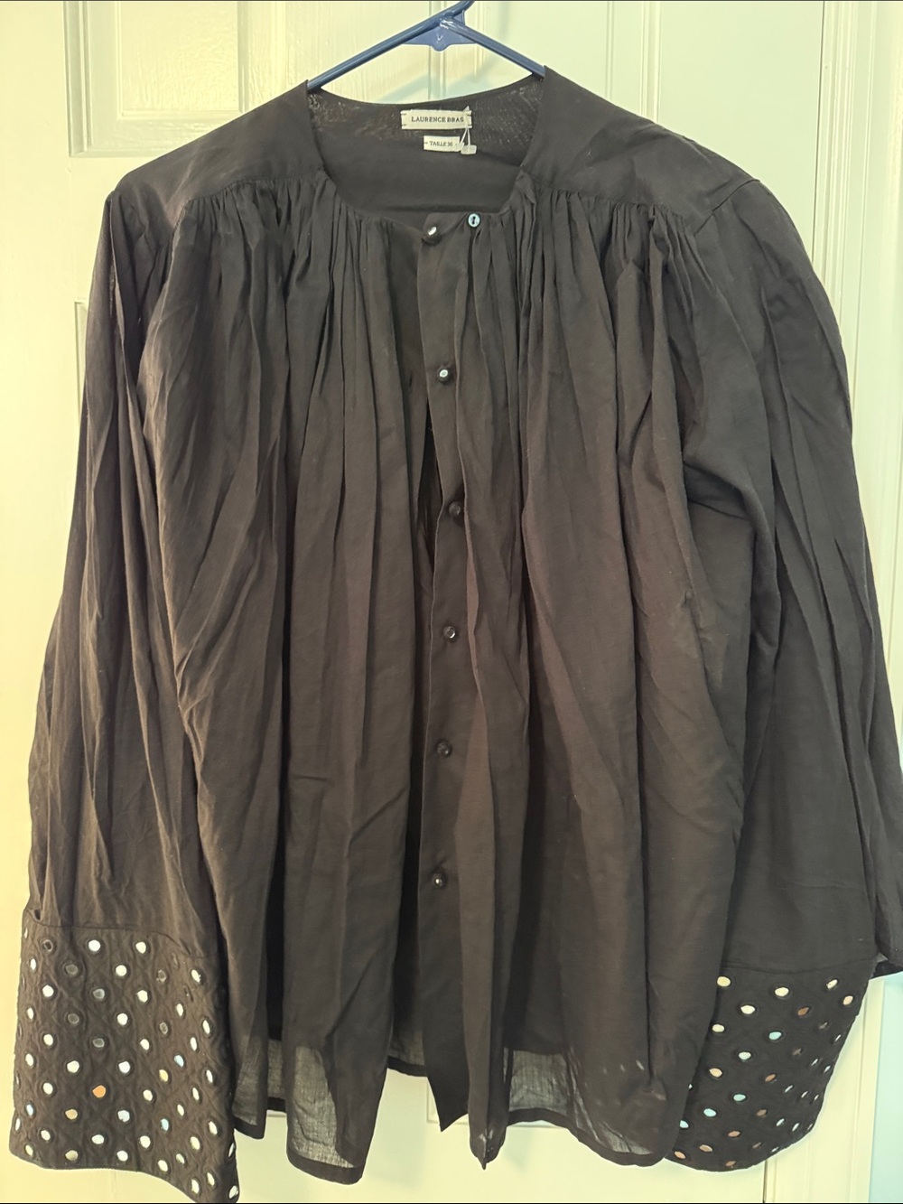 Parisian Laurence Bras - Black and Mirror Button-Front Peasant Blouse